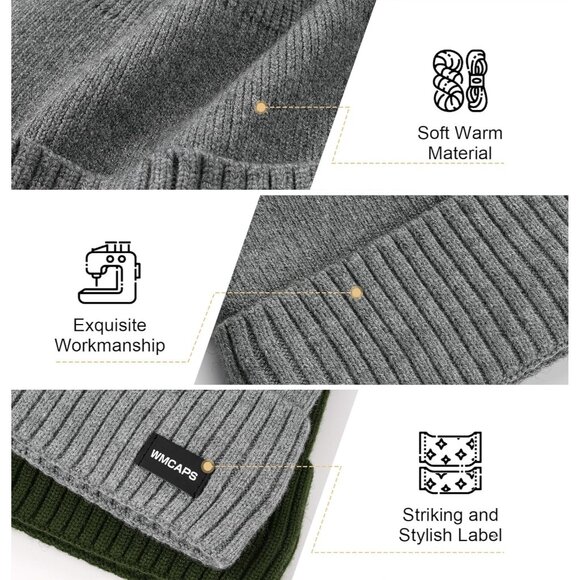 Elegant Grey Winter Beanie - Fleece Lined Knitted Skull Cap for All-Day Comfort - Picture 3 of 6